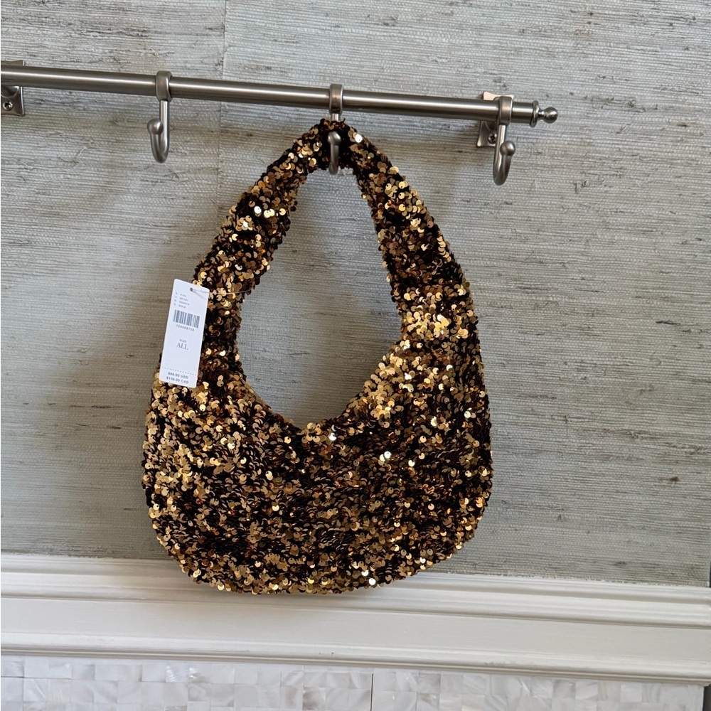 NWT new Anthropologie paillette sequin crescent bag gold purse - Picture 3 of 15